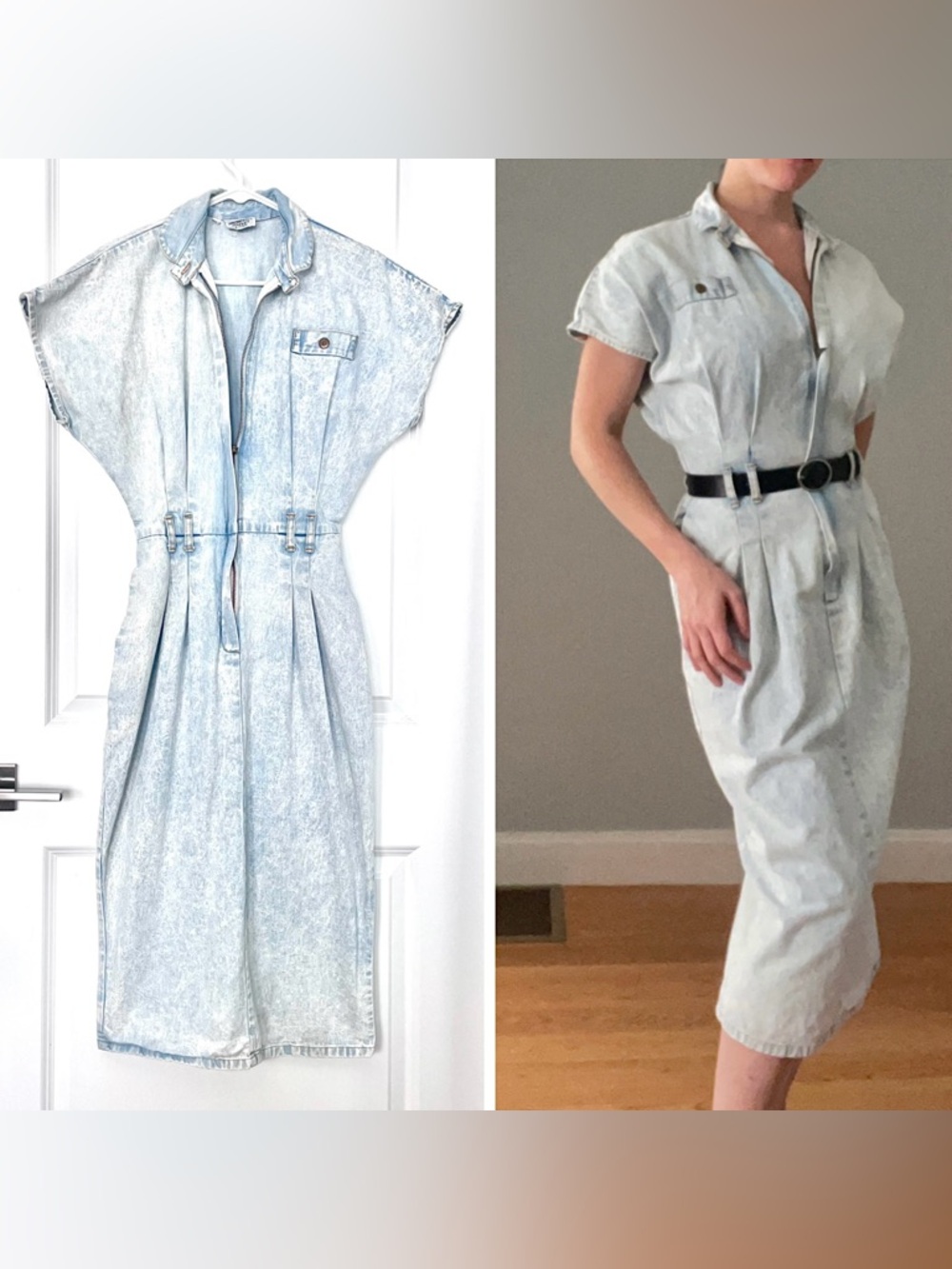 Vintage 80s Denim Midi Pencil Dress Zippered Acid Wash Jean Batwing Sleeves